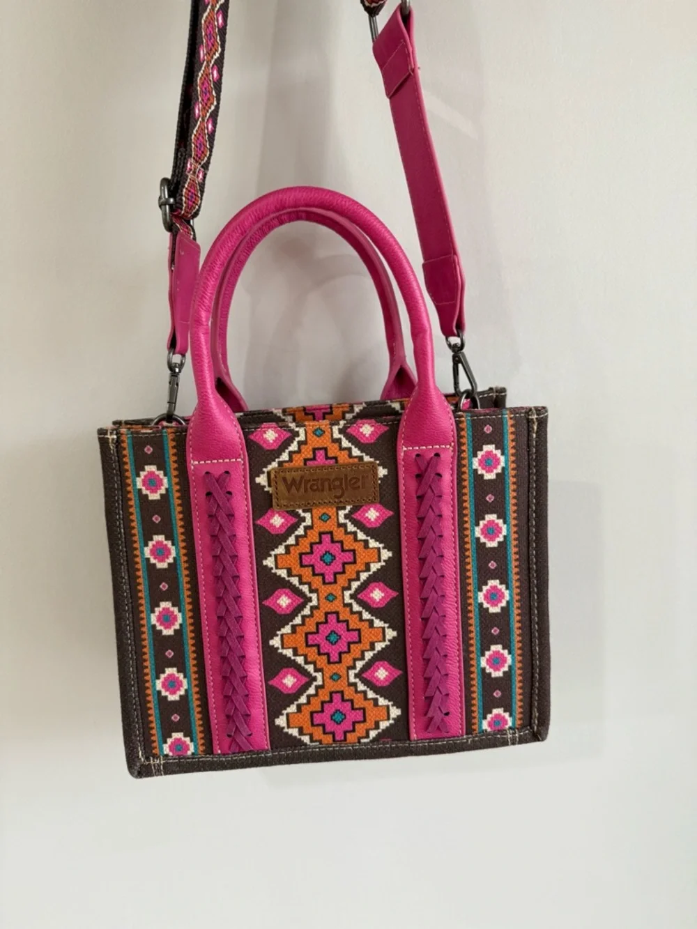 Wrangler Women's Southwestern Print Canvas Crossbody Tote Bag - Hot Pink/Brown - Picture 2 of 12
